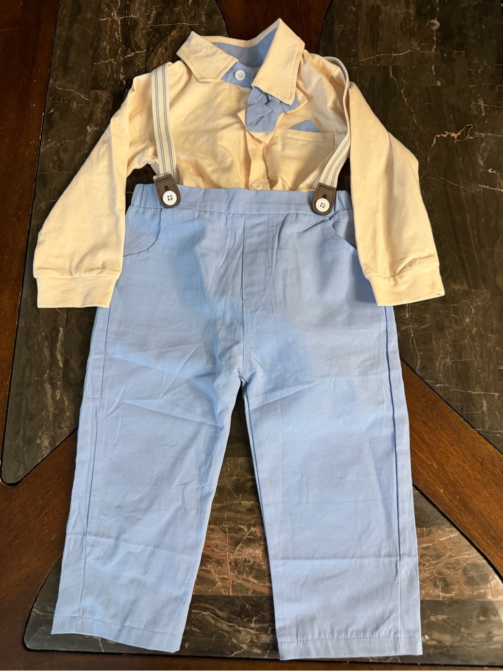 Cream Long-Sleeve Shirt and Light Blue Pants Set with Suspenders - Kids Bottoms